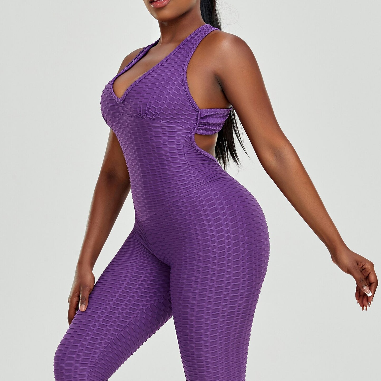 FITTOO Sexy Bubble Textured Raceback Jumpsuit Yoga Gym Clothing Workout Clothes for Women Push Up Scrunch Leggings Activewear