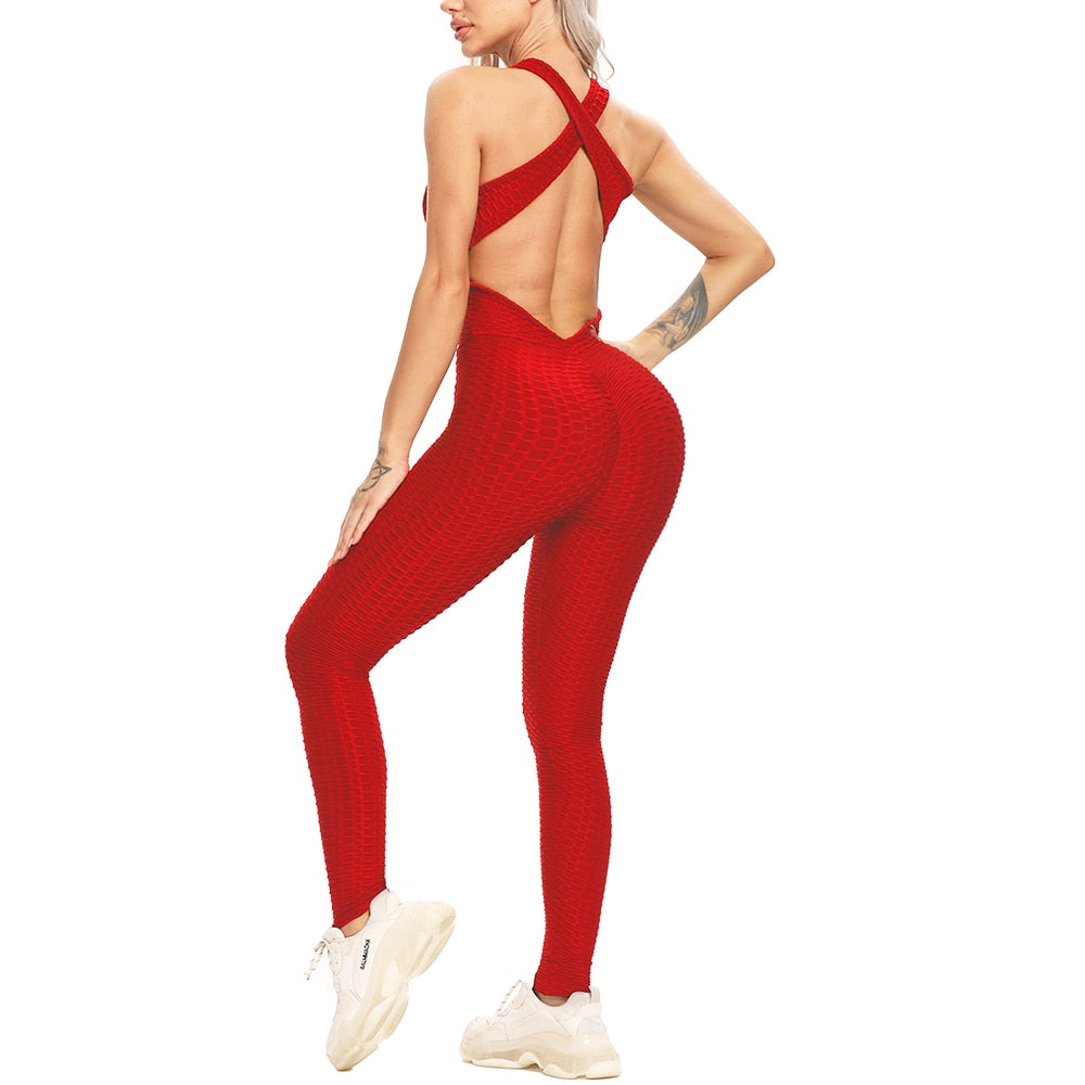 FITTOO Sexy Bubble Textured Raceback Jumpsuit Yoga Gym Clothing Workout Clothes for Women Push Up Scrunch Leggings Activewear