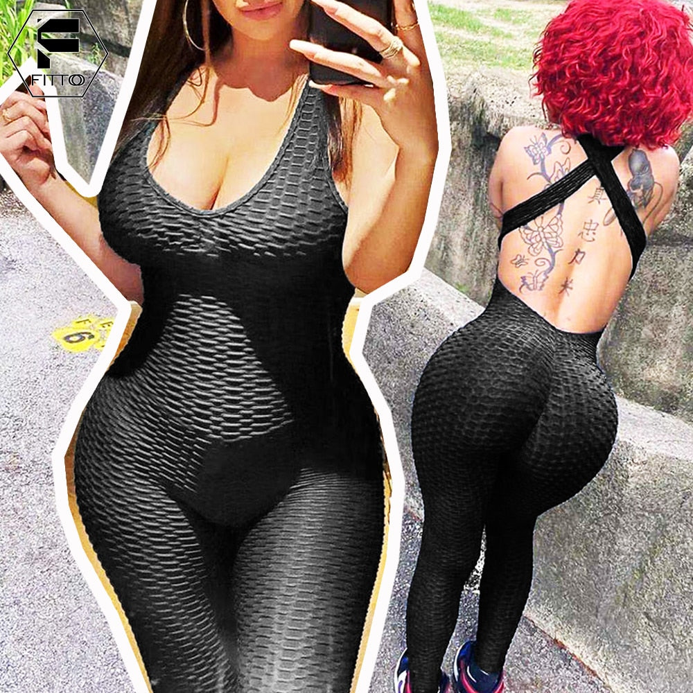 FITTOO Sexy Bubble Textured Raceback Jumpsuit Yoga Gym Clothing Workout Clothes for Women Push Up Scrunch Leggings Activewear