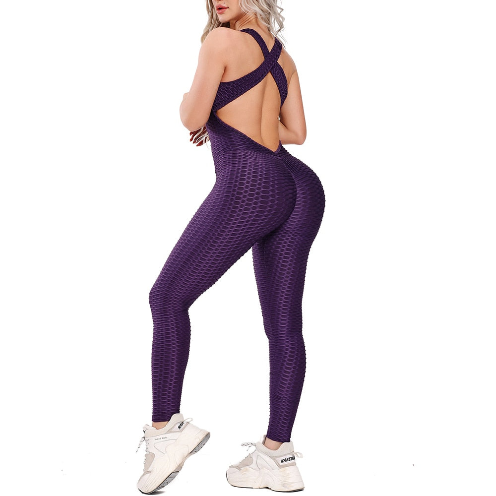FITTOO Sexy Bubble Textured Raceback Jumpsuit Yoga Gym Clothing Workout Clothes for Women Push Up Scrunch Leggings Activewear