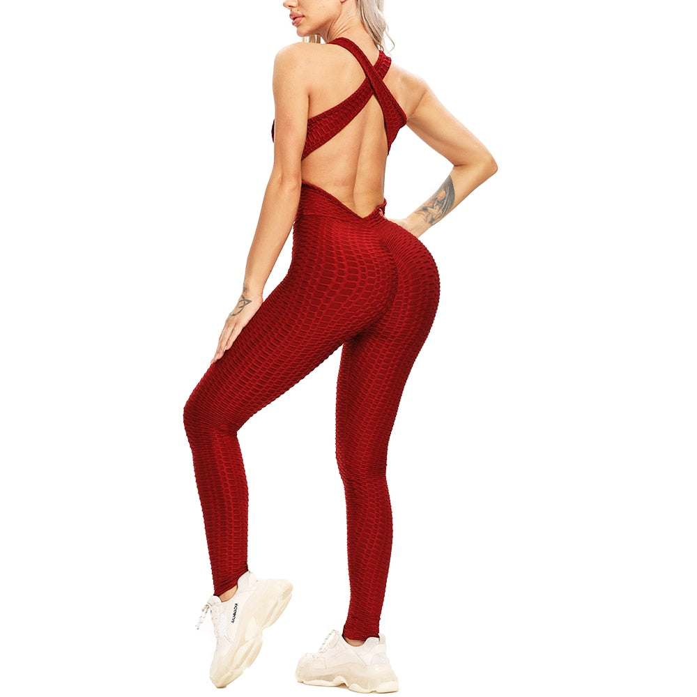 FITTOO Sexy Bubble Textured Raceback Jumpsuit Yoga Gym Clothing Workout Clothes for Women Push Up Scrunch Leggings Activewear