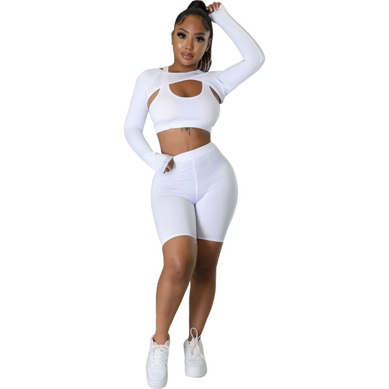 Adogirl Solid 3 Piece Sets Women Tracksuit Tank Crop Top Long Sleeve Cape High Waist Skinny Shorts Stretchy Fitness Workout Suit