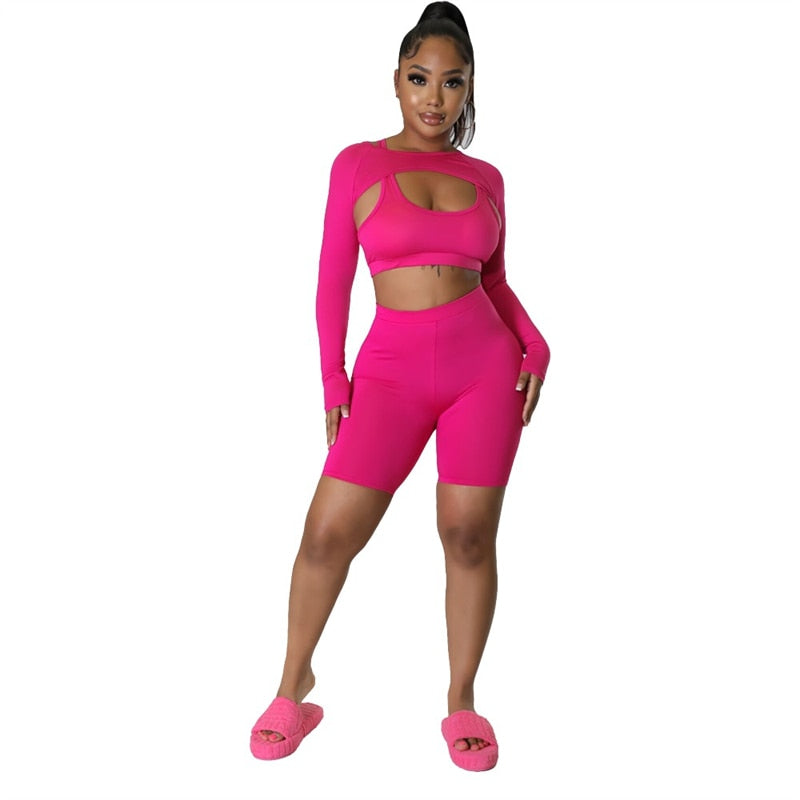 Adogirl Solid 3 Piece Sets Women Tracksuit Tank Crop Top Long Sleeve Cape High Waist Skinny Shorts Stretchy Fitness Workout Suit