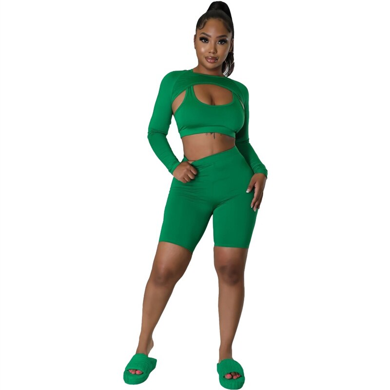 Adogirl Solid 3 Piece Sets Women Tracksuit Tank Crop Top Long Sleeve Cape High Waist Skinny Shorts Stretchy Fitness Workout Suit