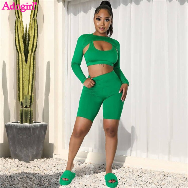 Adogirl Solid 3 Piece Sets Women Tracksuit Tank Crop Top Long Sleeve Cape High Waist Skinny Shorts Stretchy Fitness Workout Suit