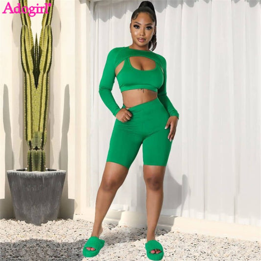 Adogirl Solid 3 Piece Sets Women Tracksuit Tank Crop Top Long Sleeve Cape High Waist Skinny Shorts Stretchy Fitness Workout Suit