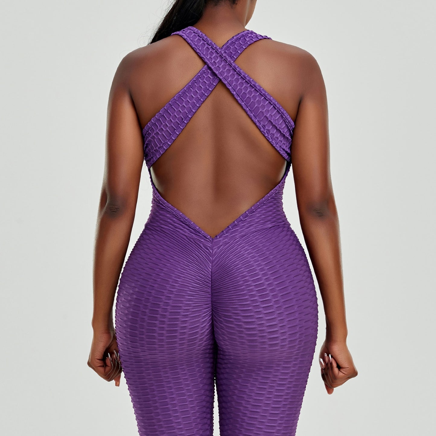 FITTOO Sexy Bubble Textured Raceback Jumpsuit Yoga Gym Clothing Workout Clothes for Women Push Up Scrunch Leggings Activewear