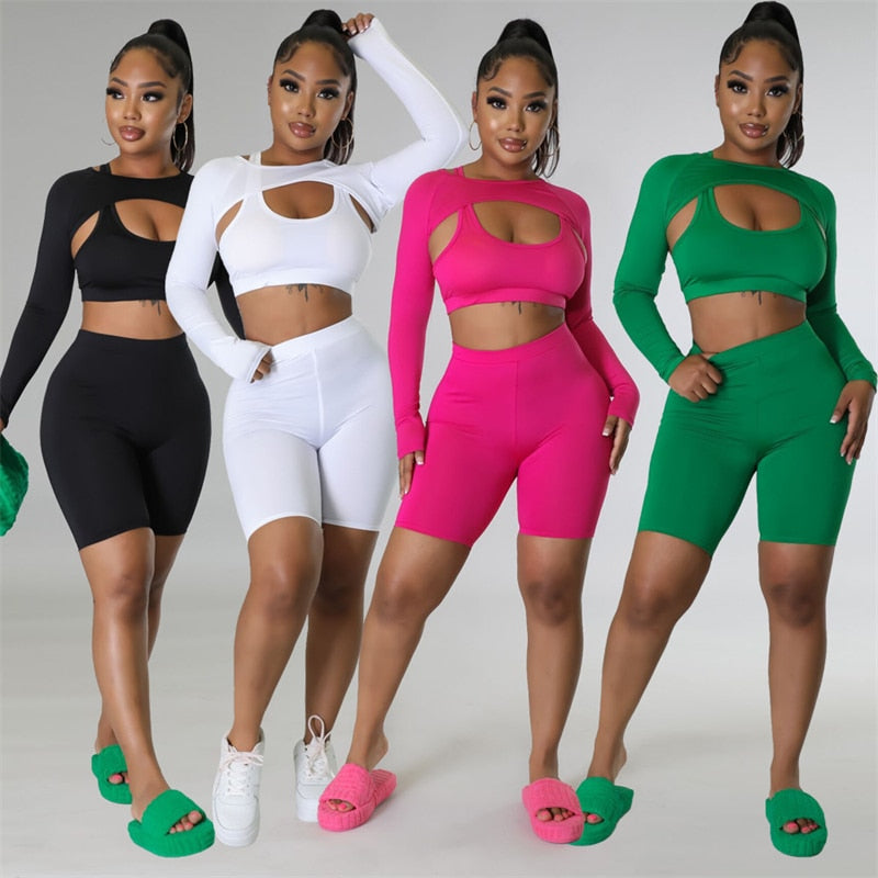 Adogirl Solid 3 Piece Sets Women Tracksuit Tank Crop Top Long Sleeve Cape High Waist Skinny Shorts Stretchy Fitness Workout Suit