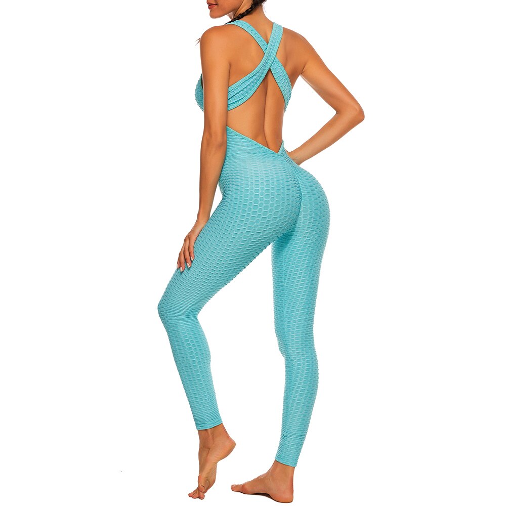 FITTOO Sexy Bubble Textured Raceback Jumpsuit Yoga Gym Clothing Workout Clothes for Women Push Up Scrunch Leggings Activewear