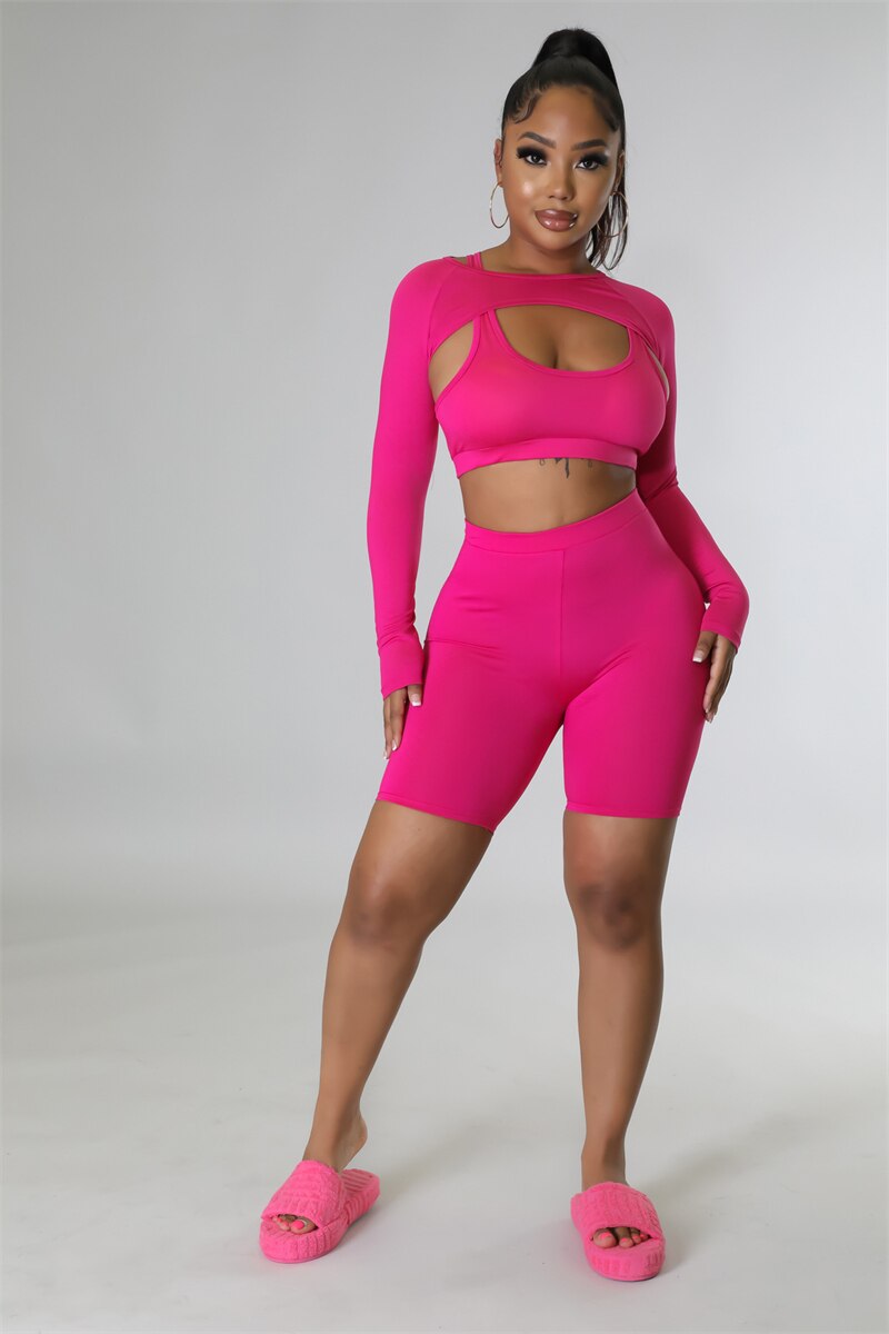 Adogirl Solid 3 Piece Sets Women Tracksuit Tank Crop Top Long Sleeve Cape High Waist Skinny Shorts Stretchy Fitness Workout Suit